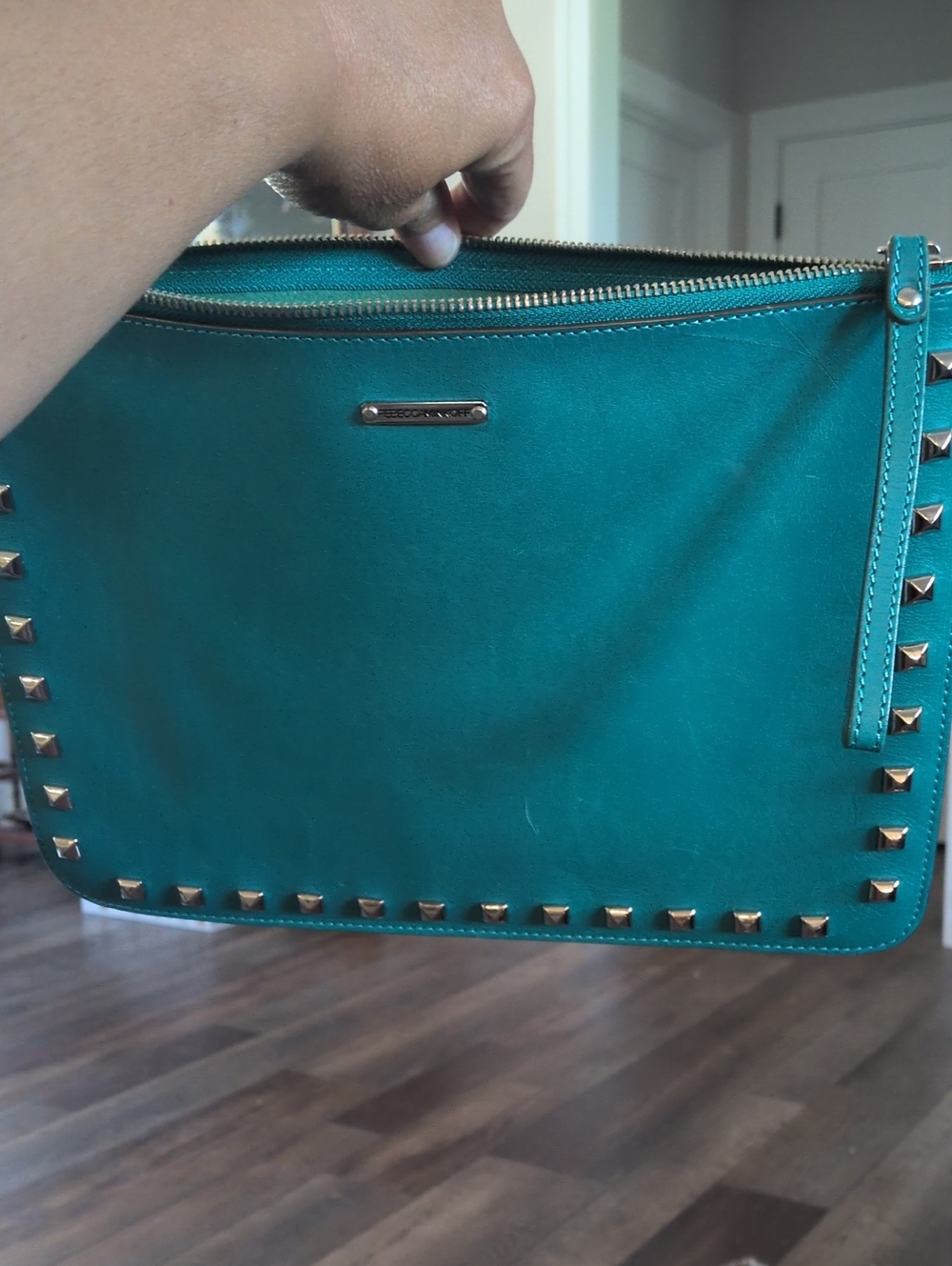 Rebecca Minkoff Teal Leather Studded Clutch 9x12